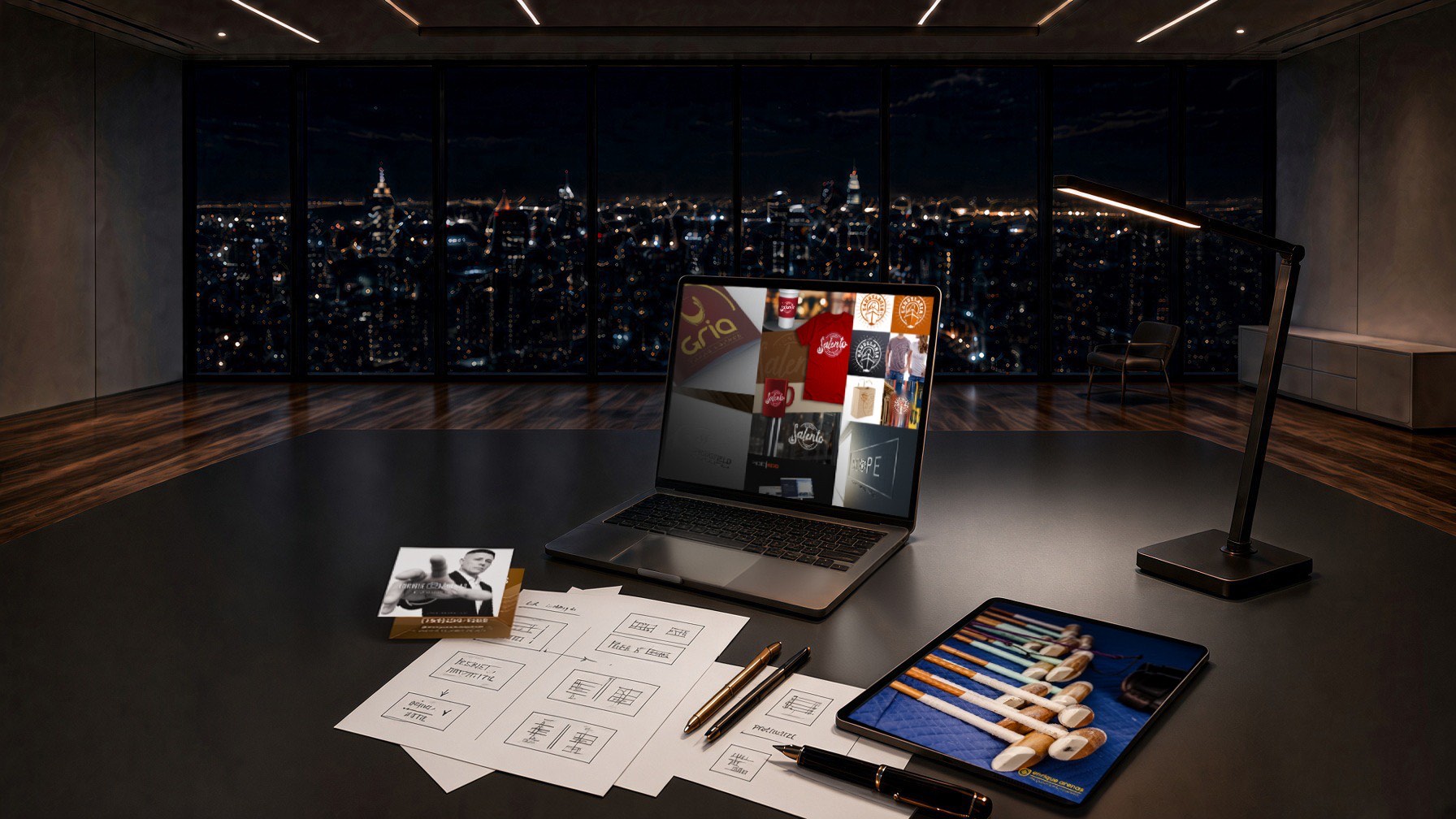 Design studio desk at night: laptop showing brand work for Gria, Salento and Scope, sketches, a tablet and a business card