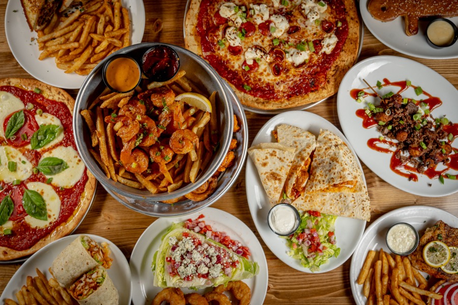 Table of dishes seen from above