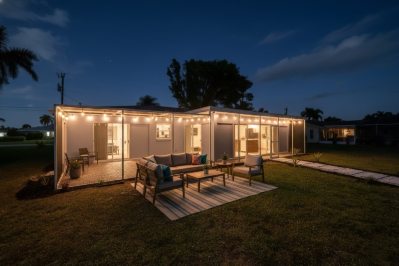 Backyard lanai lit at night