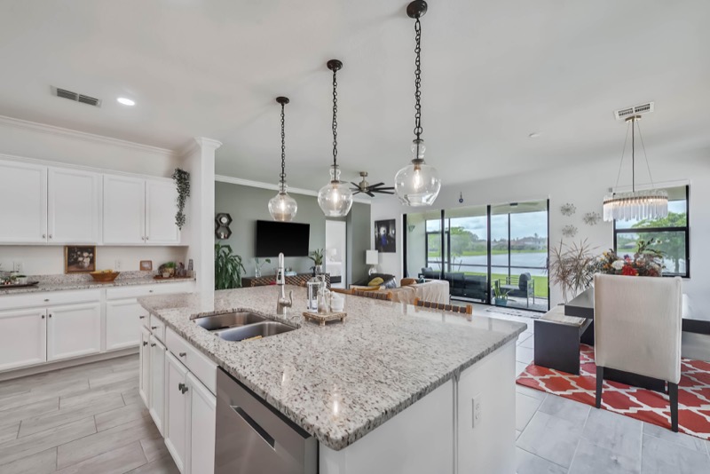 Kitchen with island and pendant lights